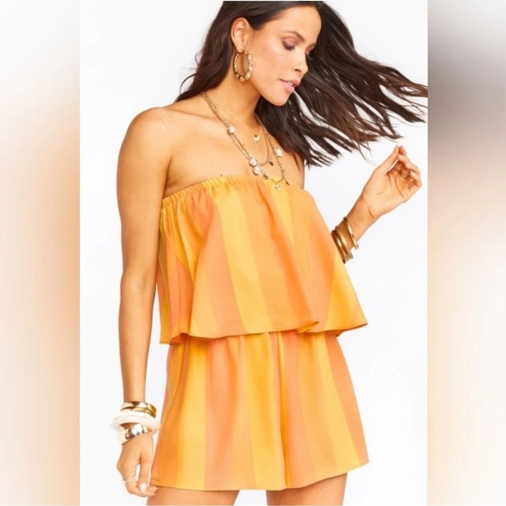 Show Me Your Mumu XS Romper Thelma Sunkissed Stripe Strapless Orange Yellow